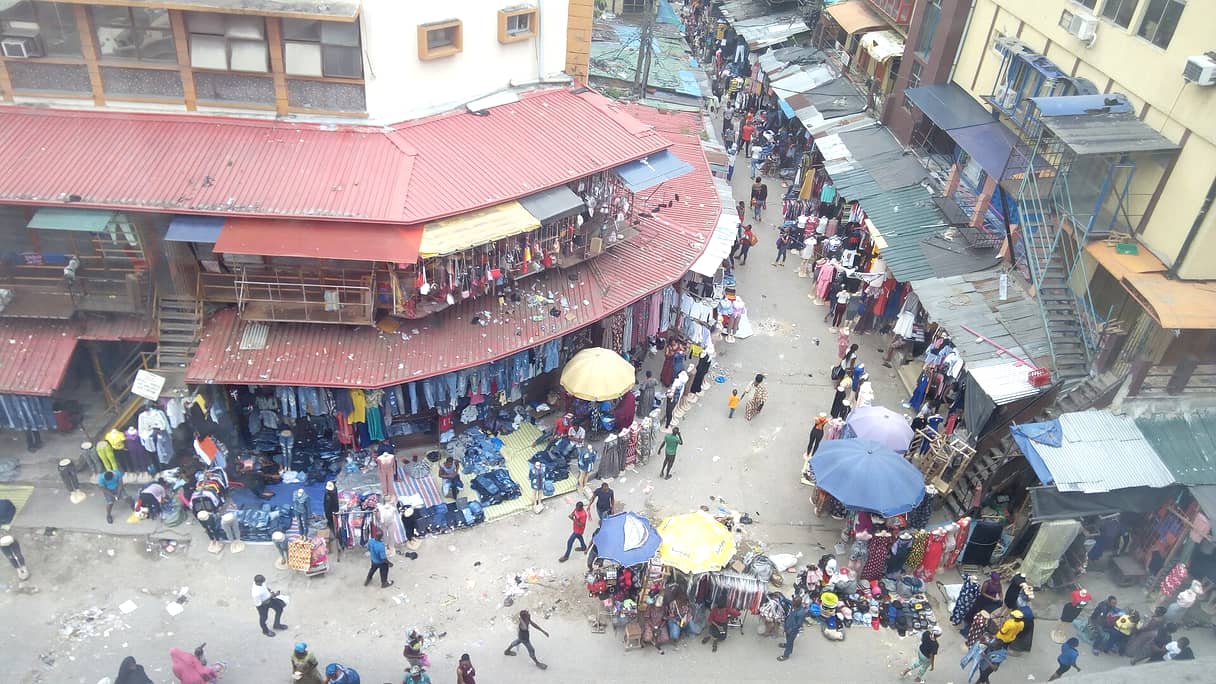 Aerial view of traders, stalls and umbrellas at Balogun Market on Lagos Island, Nigeria